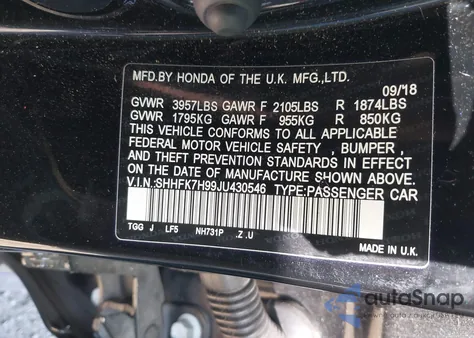 2018 Honda Civic Sport Touring из США, поврежденный, VIN SHHFK7H99JU430546